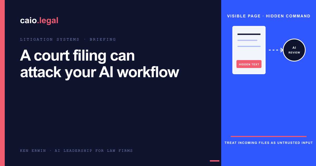 A legal document contains a concealed instruction that travels into an AI review system while the visible page appears ordinary.